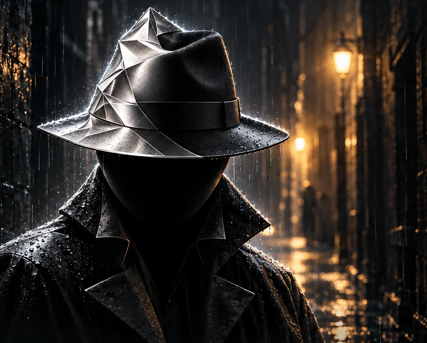 A faceless, forward-facing detective in a silver tinfoil and black noir hat, in a rain-soaked alley.